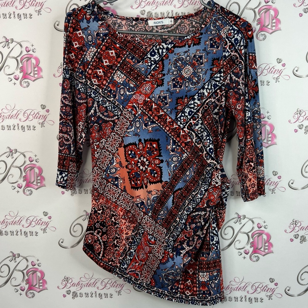 Ricki's long sleeve asymmetrical top Paisley print Red and Blue Patterned Blouse